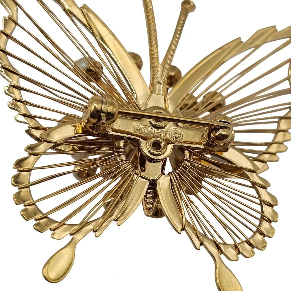 Vtg Brooch Lot 2pc Gold Tone Faux Pearl Statement 2.5